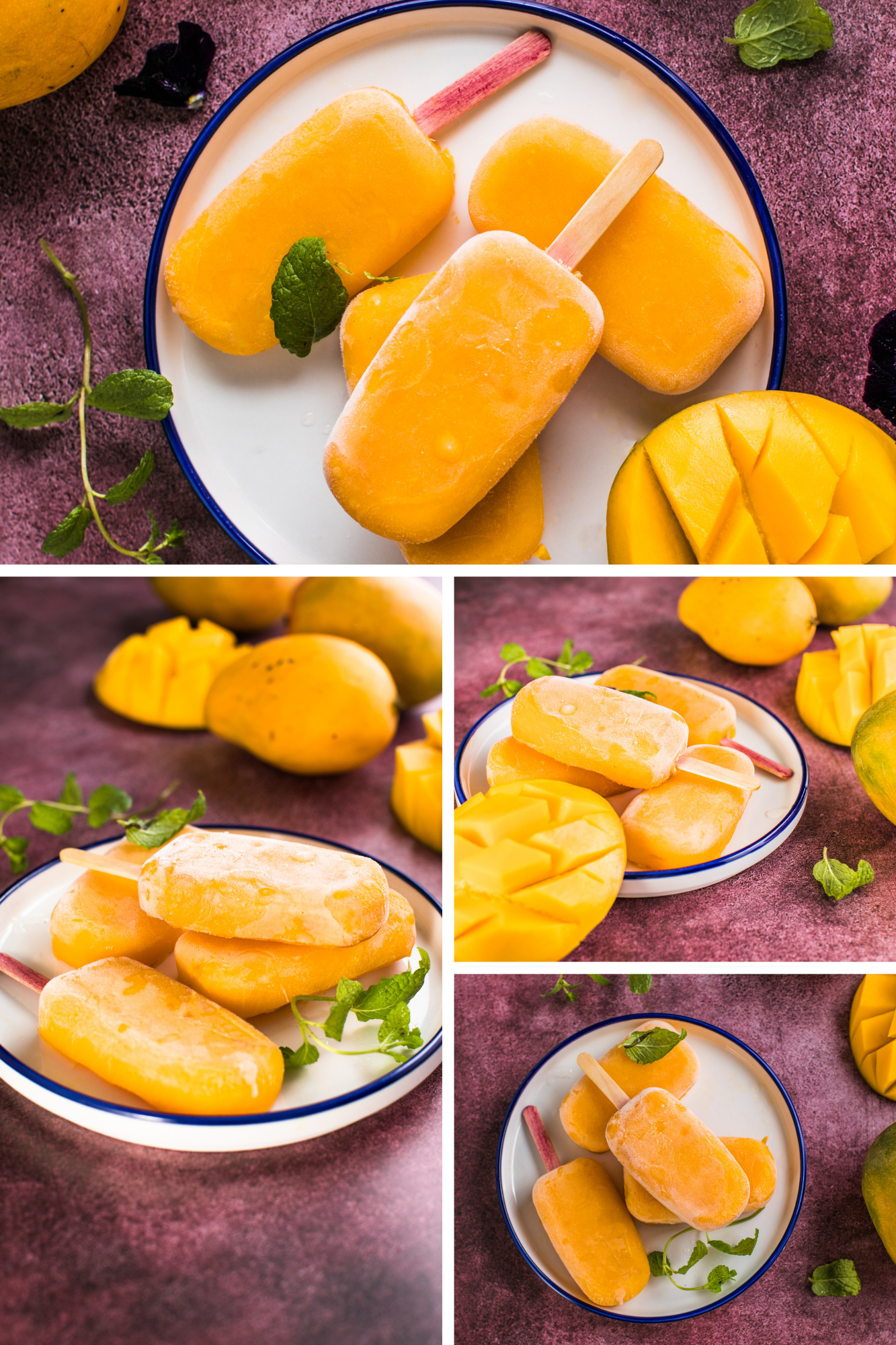 Collage of La Michoacana mango paletas, featuring close-ups and plated shots with fresh mango slices