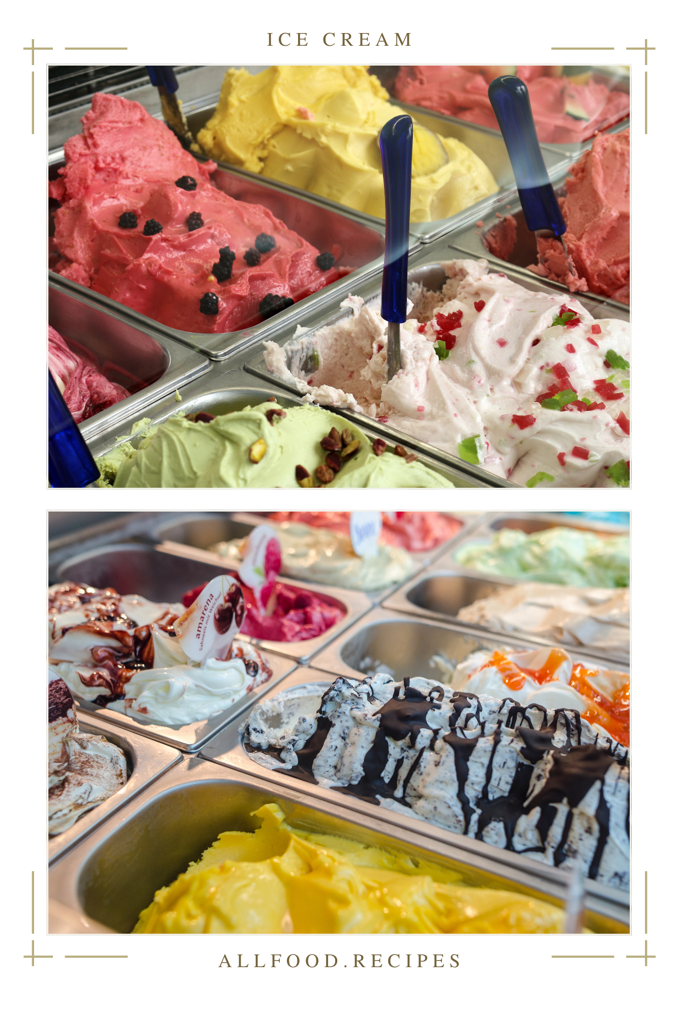 A display of colorful, creamy ice creams, including flavors like strawberry, pistachio, and chocolate, in a traditional Mexican ice cream or nieve, parlor setting, topped with fruits and syrups.