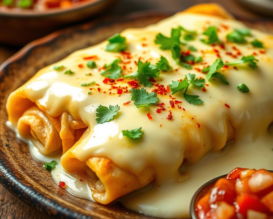 Cheesy enchiladas topped with creamy sauce and fresh cilantro