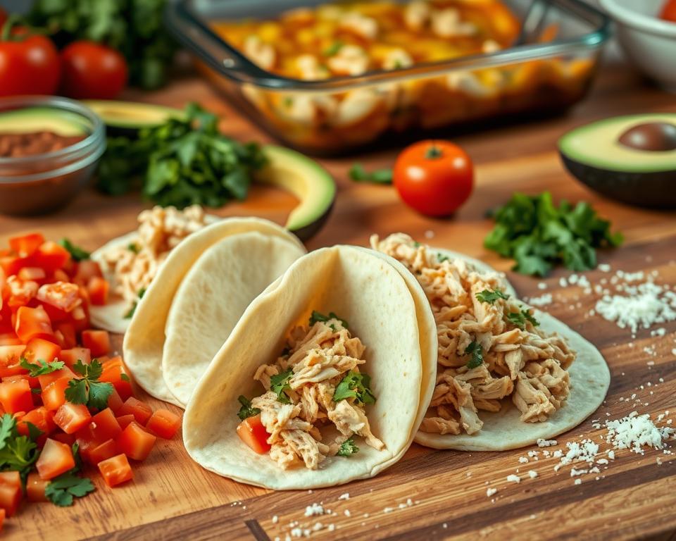 Shredded chicken tacos with fresh toppings and sides