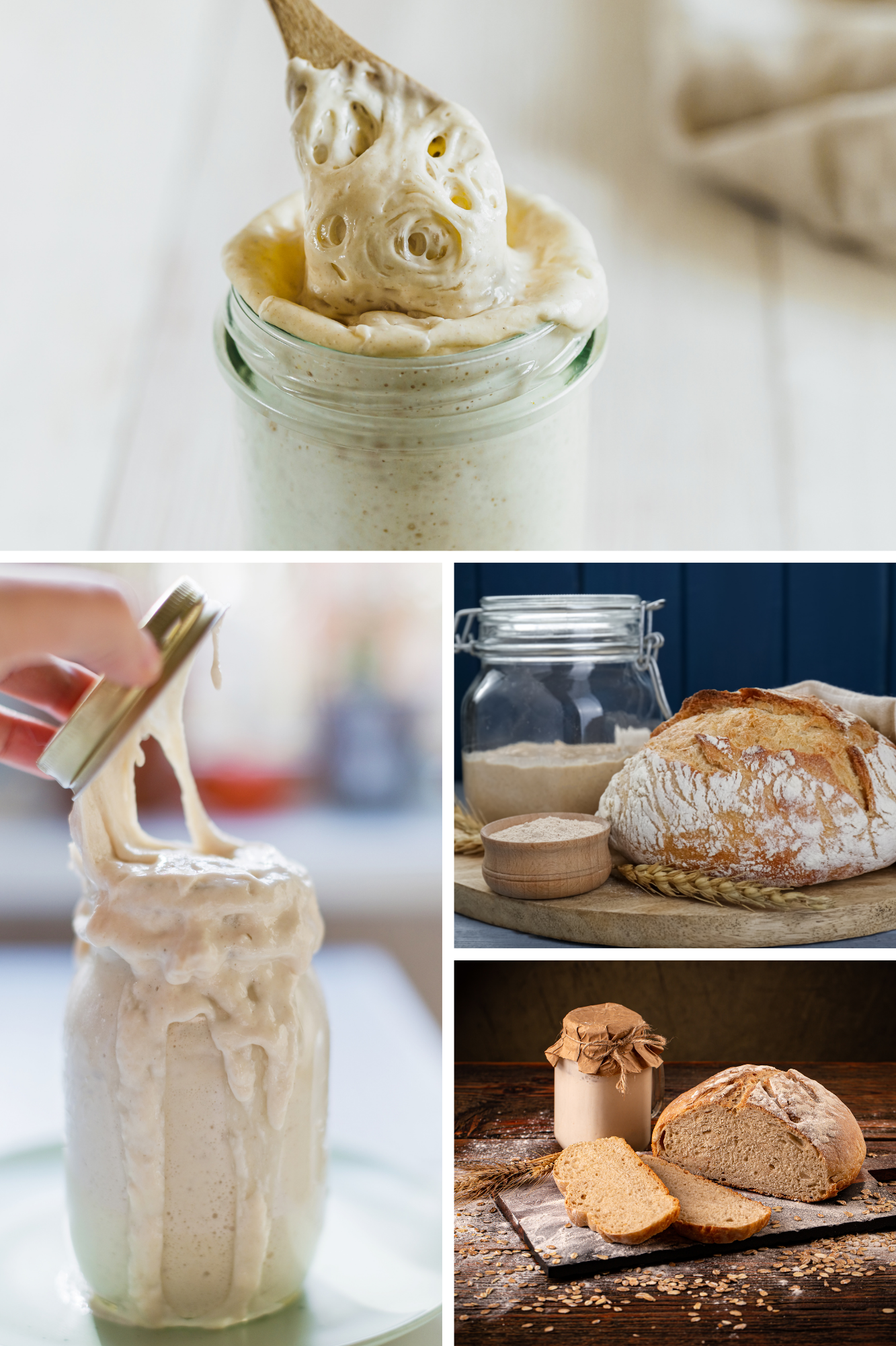 A rustic, golden-crusted sourdough loaf on a wooden board, alongside a clear jar containing flour or starter.