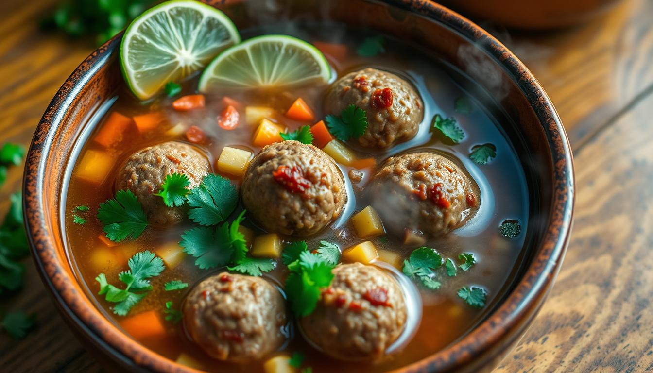 Inviting bowls oup recipe topped with limes and cilantro, showcasing in a mildly spiced, aromatic broth