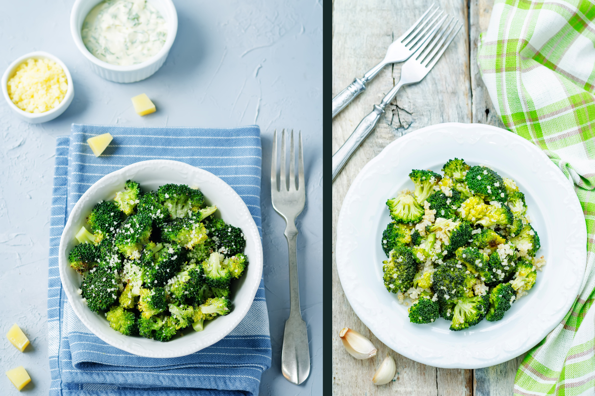 Two views of a bright plate brimming with broccoli pieces speckled in grated cheese, served alongside a tangy dipping sauce—ideal for a fresh, colorful meal