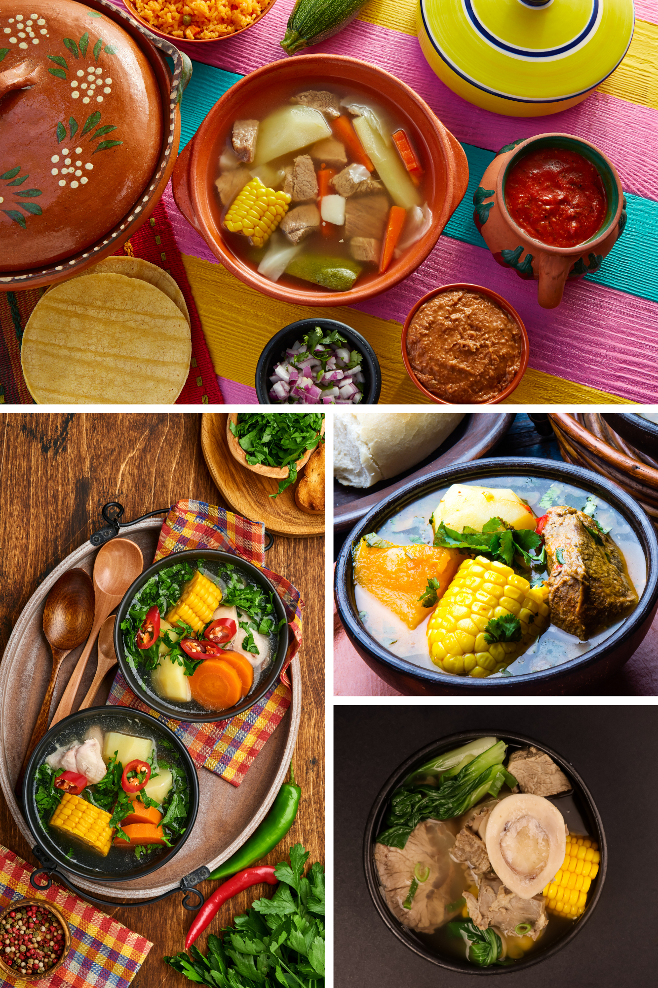 A collage showcasing various bowls of Caldo de Res with beef, corn, carrots, and zucchini, served alongside tortillas and sauces on a vibrant, Mexican-inspired table setting