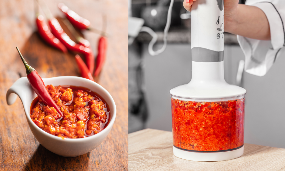 Chili paste preparation with fresh red chilies and a food processor, emphasizing the rich flavors and process of creating the diabla sauce