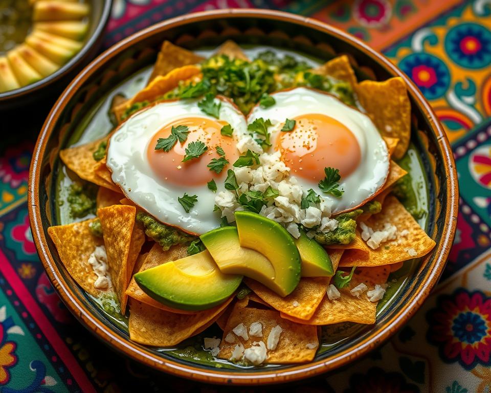 Celebrating Chilaquiles: Authentic Mexican Chilaquiles Recipe & Variations 12 A colorful bowl of green chilaquiles topped with two sunny-side-up fried eggs, sliced avocado, crumbled queso fresco, and fresh cilantro, served on a traditional Mexican patterned tablecloth