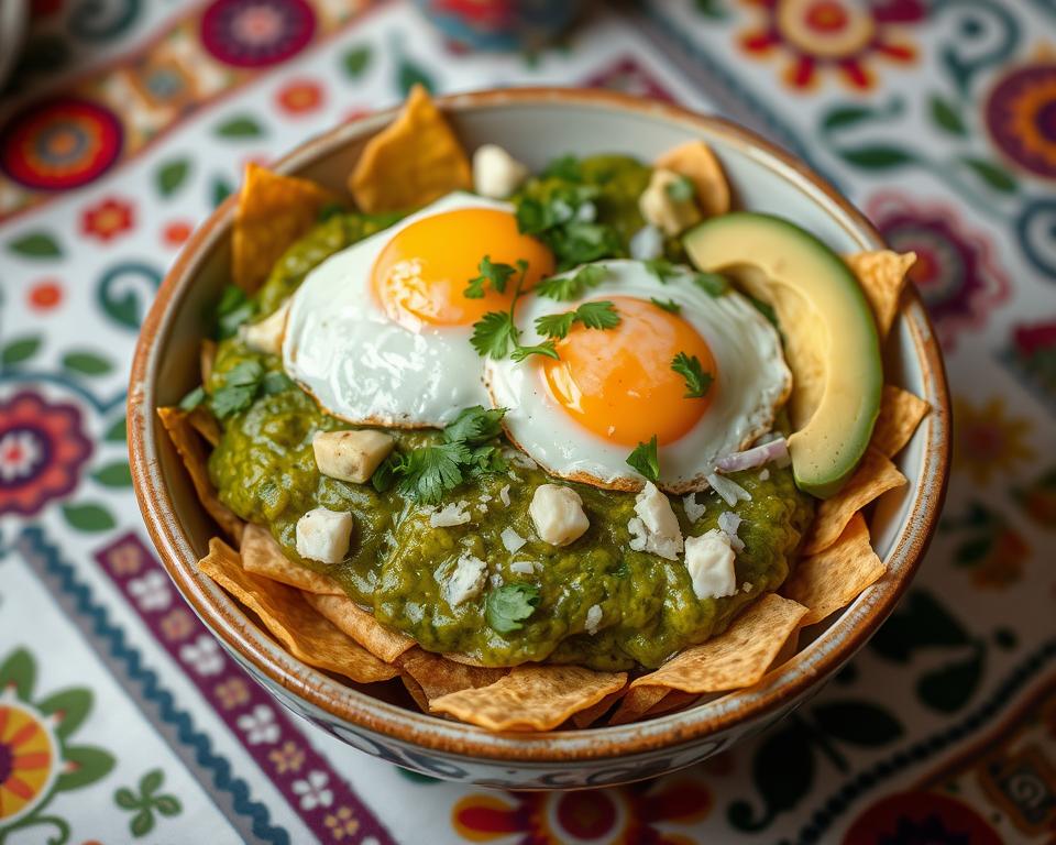 A bowl of chilaquiles verdes covered in salsa verde, garnished with fried eggs, sliced avocado, crumbled queso fresco, and cilantro, placed on a vibrant tablecloth with Mexican-inspired designs
