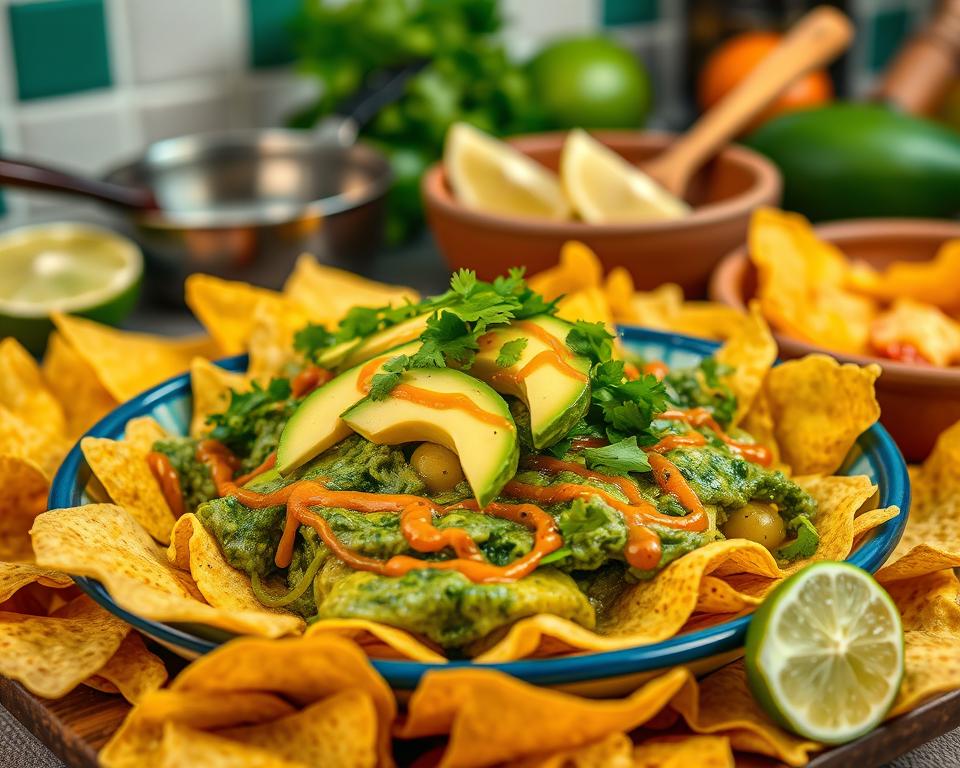 A plate of green chilaquiles topped with sliced avocado, fresh cilantro, and a drizzle of spicy sauce, surrounded by crispy tortilla chips and fresh lime, set against a rustic kitchen background.