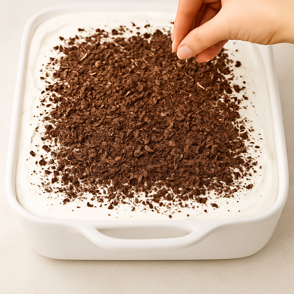 Topping%20with%20Cool%20Whip%20and%20chocolate%20shavings%20before%20chilling. No-Bake Chocolate Cherry Lush: Layered Dessert Recipe