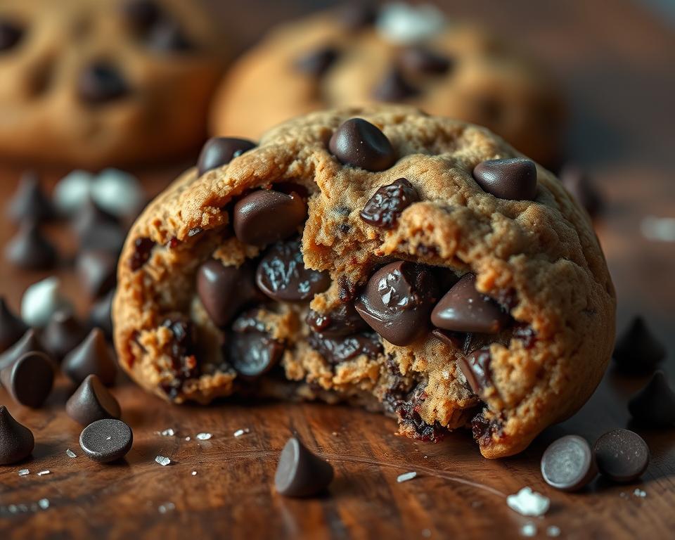 Close-up of a freshly baked chocolate chip cookie with melted chocolate chips, placed on a rustic wooden table.