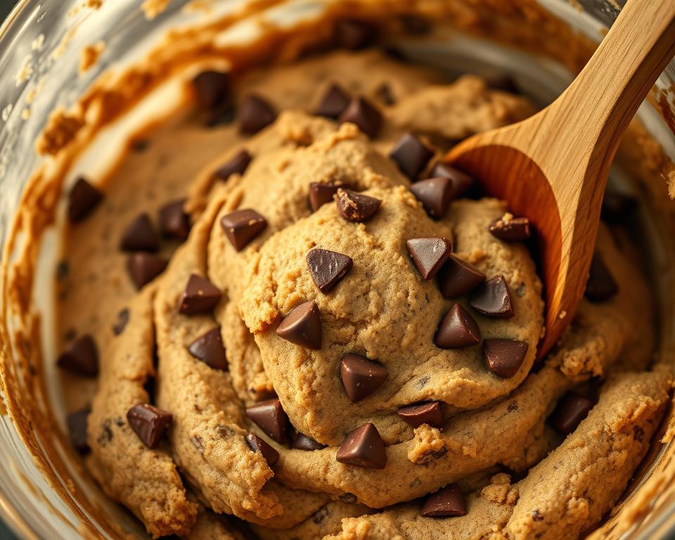 Bowl of chocolate chip cookie dough with a wooden spoon, topped with chocolate chips, ready for baking.