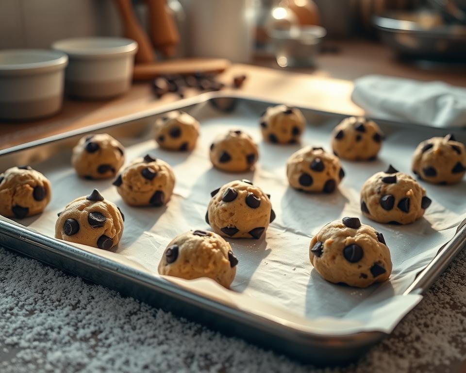 Raw chocolate chip cookie dough balls arranged on a baking tray lined with parchment paper, ready for the oven.