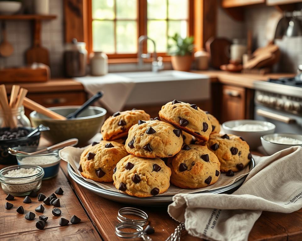 A plate of freshly baked cookies on a wooden table in a cozy kitchen setting, surrounded by baking ingredients.