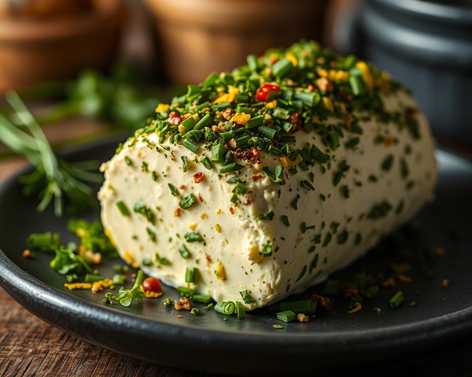 Cowboy Butter garnished with fresh herbs and spices on a black plate.