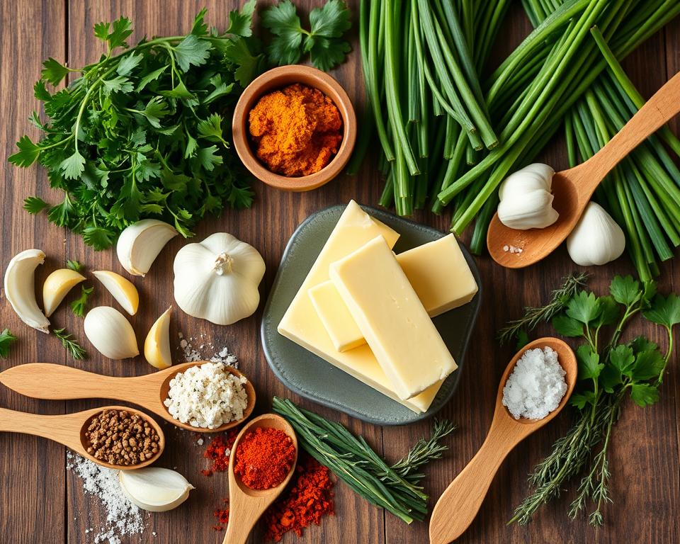 Fresh ingredients for Cowboy Butter: herbs, garlic, butter, and spices on a wooden table
