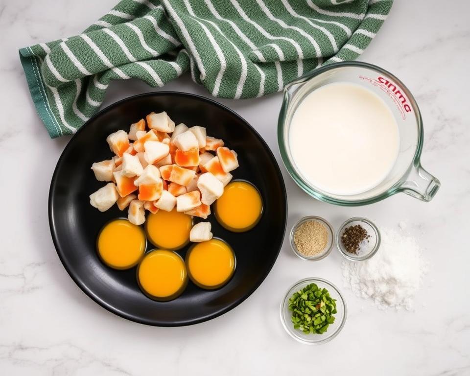 Crab Brûlée Recipe ingredients on a countertop, including fresh crab meat, egg yolks, heavy cream, salt, pepper, nutmeg, chopped herbs, and sugar.