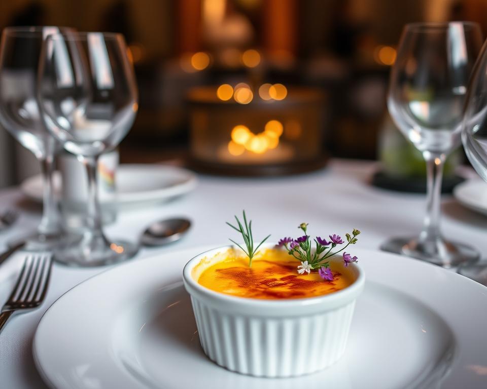 A Crab Brûlée garnished with delicate edible flowers, served in a white ramekin on a formal dining table with sparkling glasses and soft candlelight in the background.