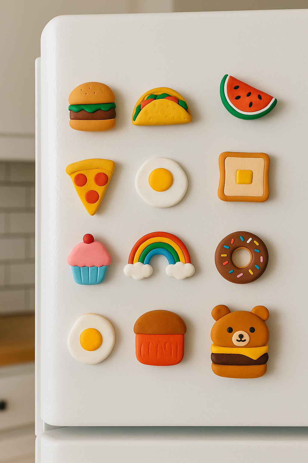 Fun%20and%20Colorful%20Clay%20Food%20Magnets%20on%20a%20White%20Refrigerator DIY Fridge Magnets: Make Clay Refrigerator Art at Home