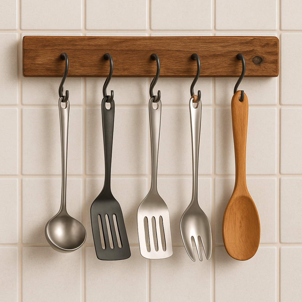 Rustic hanging kitchen rack with S-hooks for utensils