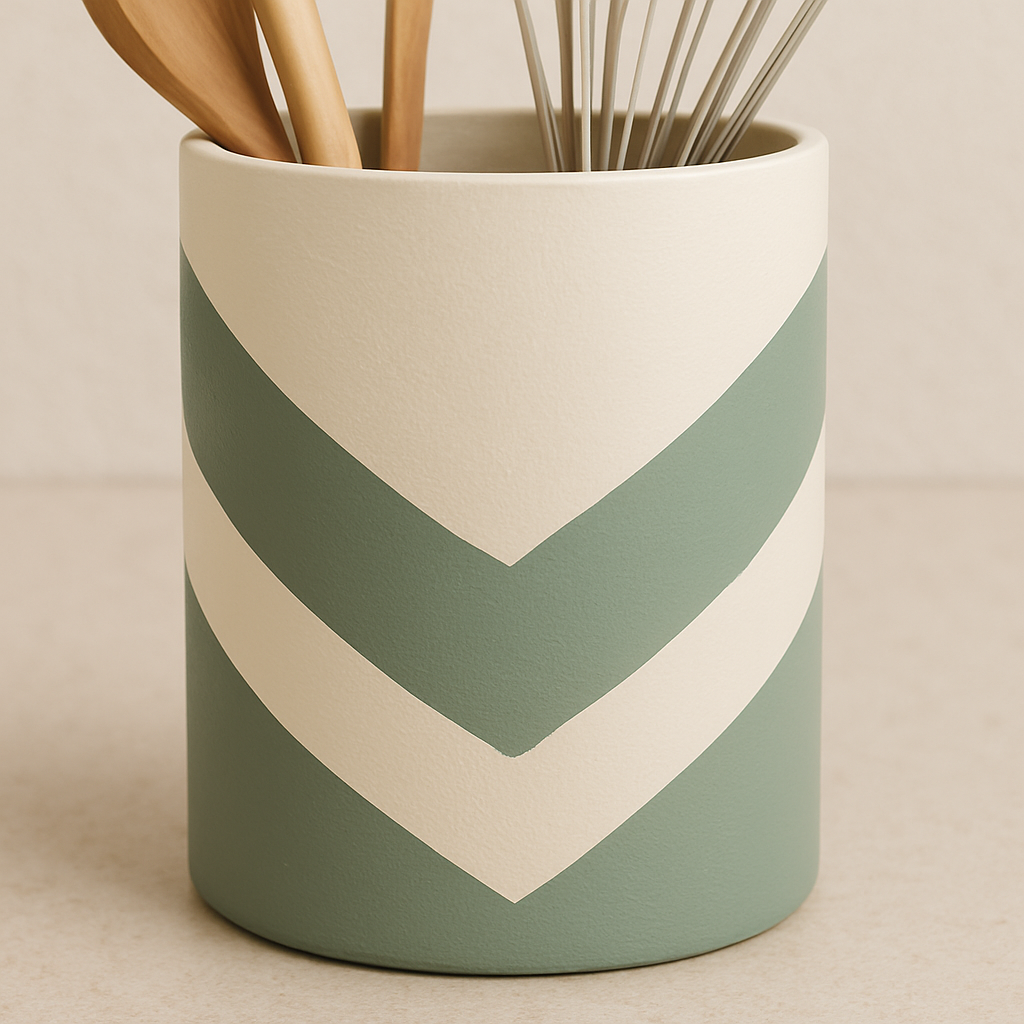Two-tone painted kitchen utensil holder with tape pattern