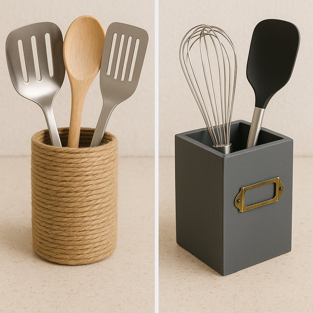 DIY utensil holders made from recycled cardboard and plastic bottles