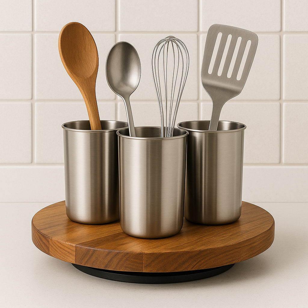 Rotating kitchen utensil organizer made from cutting board