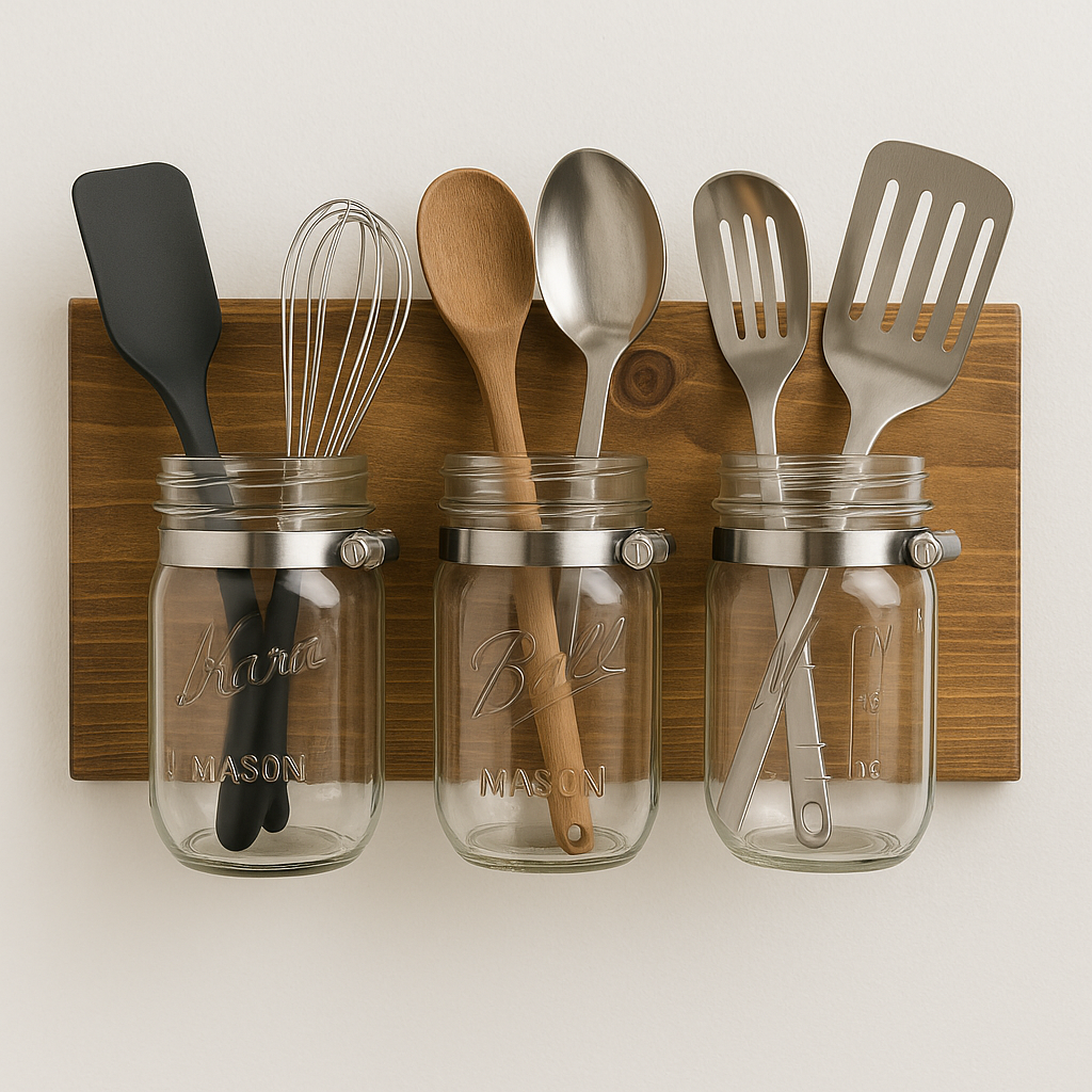 Hanging mason jar utensil holder on wood board