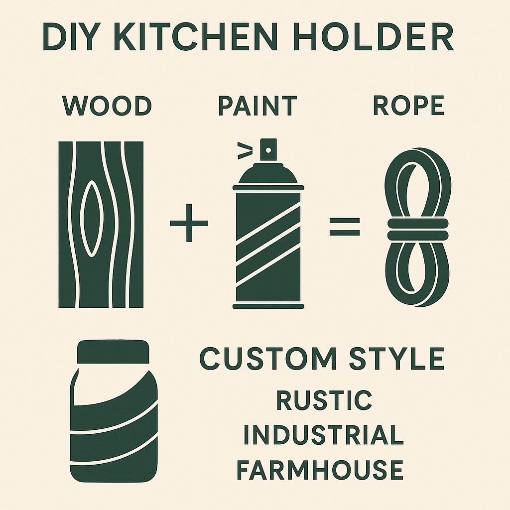 DIY kitchen holder infographic with materials and decor styles