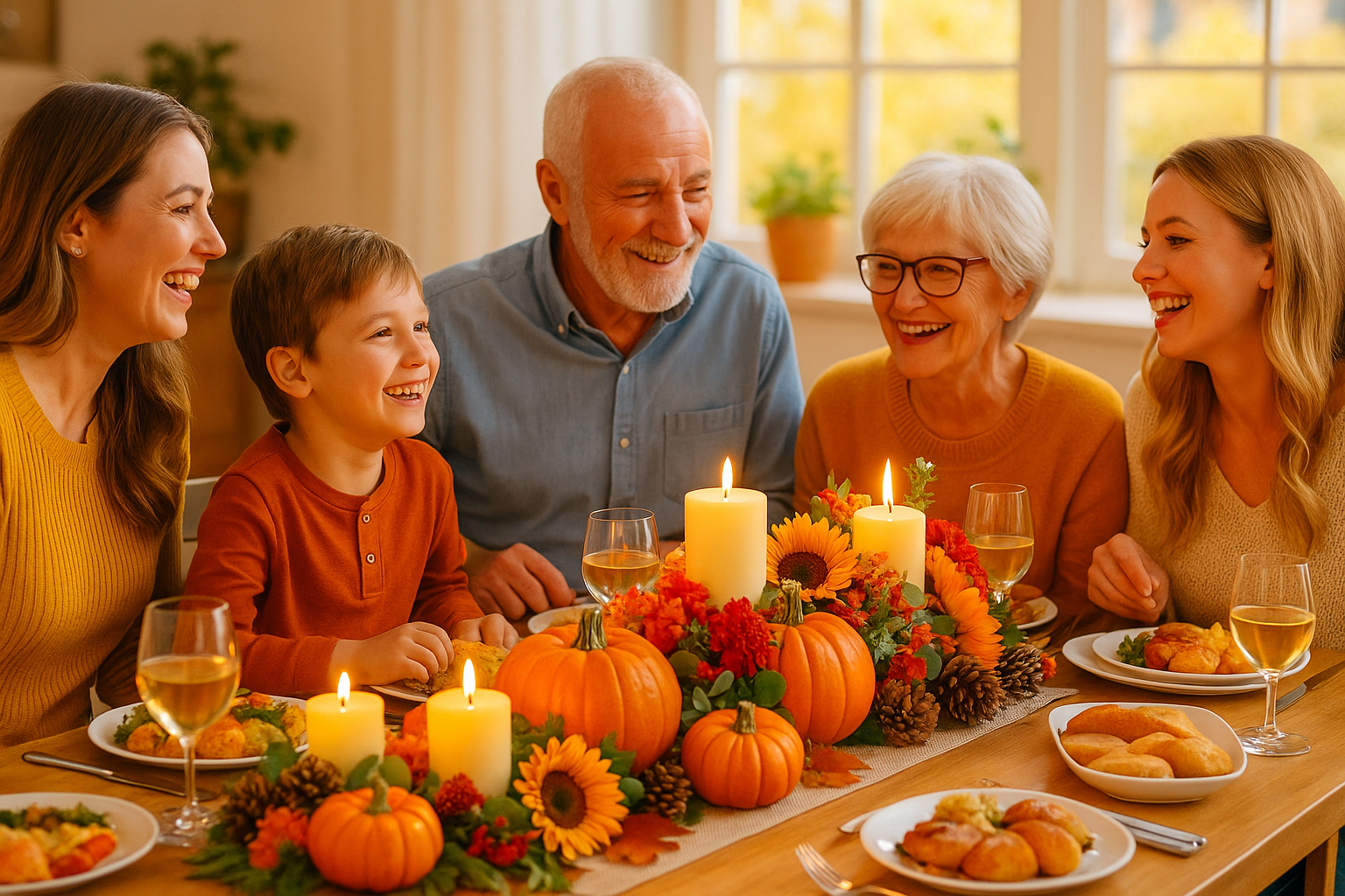 A joyful multigenerational family gathered at a bright Thanksgiving table, smiling and laughing around a festive centerpiece of pumpkins, sunflowers, and glowing candles, with plates of food and glasses of wine adding to the celebratory atmosphere.