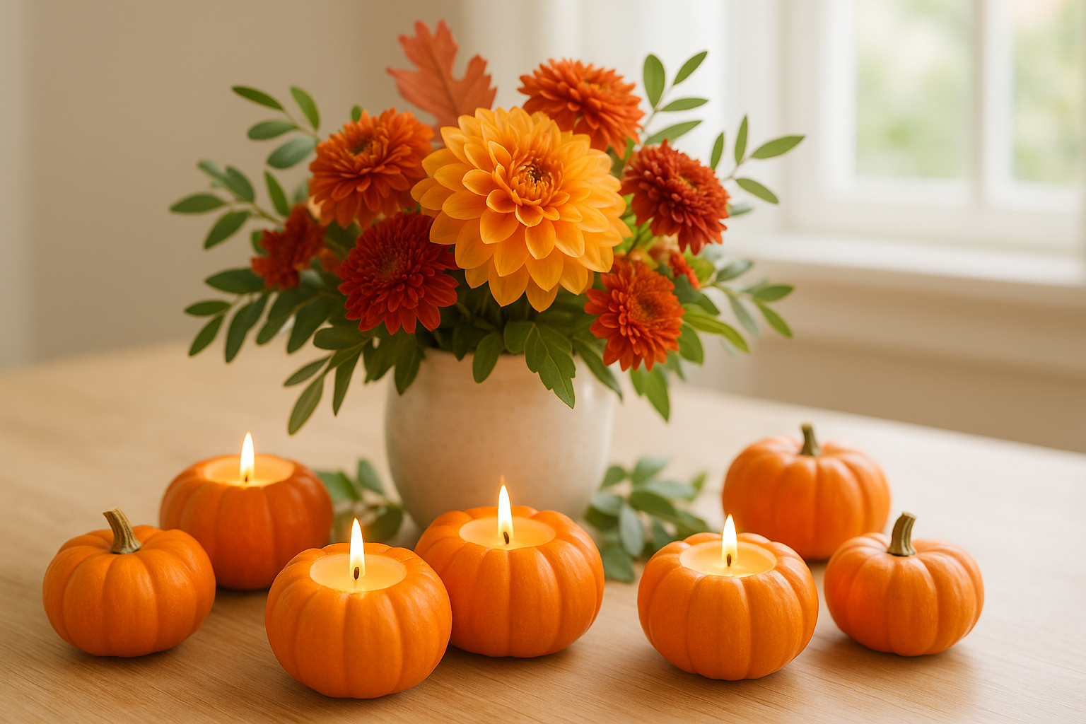 A bright autumn centerpiece on a sunlit wooden table featuring mini pumpkins with tea light candles, vibrant orange and red dahlias in a vase, and soft natural light streaming through a nearby window.