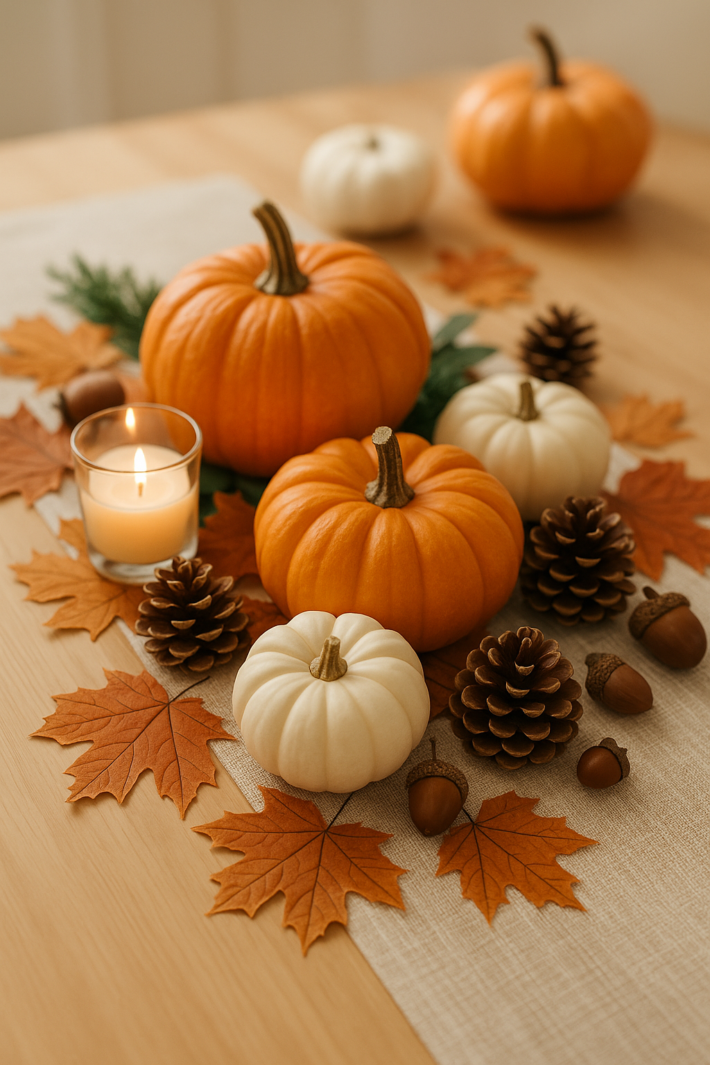 A bright vertical image of a Thanksgiving centerpiece featuring orange and white pumpkins, pinecones, acorns, and a lit candle arranged on a light fabric table runner over a smooth wood table, accented by dried maple leaves
