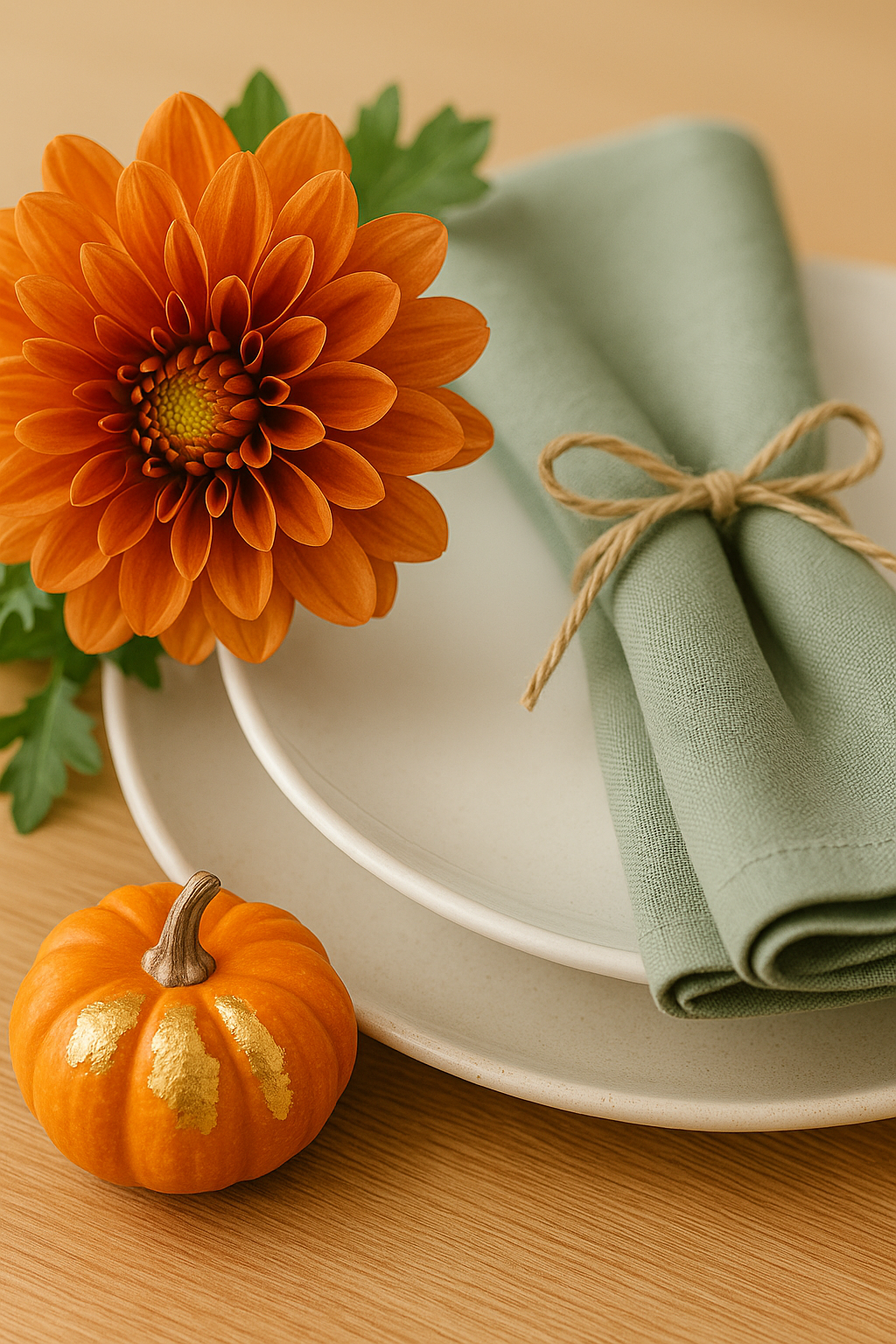 A close-up of a Thanksgiving place setting featuring a burnt-orange dahlia flower next to sage green napkins tied with twine, a stacked white plate, and a small gold-accented pumpkin on a light wooden table