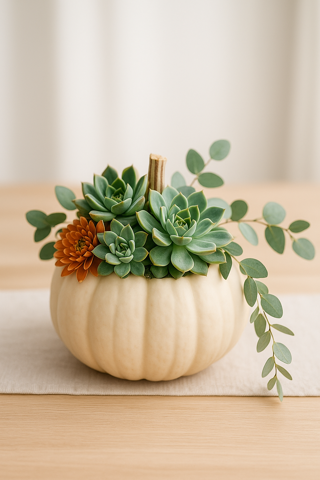 A soft cream pumpkin used as a planter, filled with green rosette-shaped succulents and trailing eucalyptus branches, set on a neutral table runner over a light wood surface.