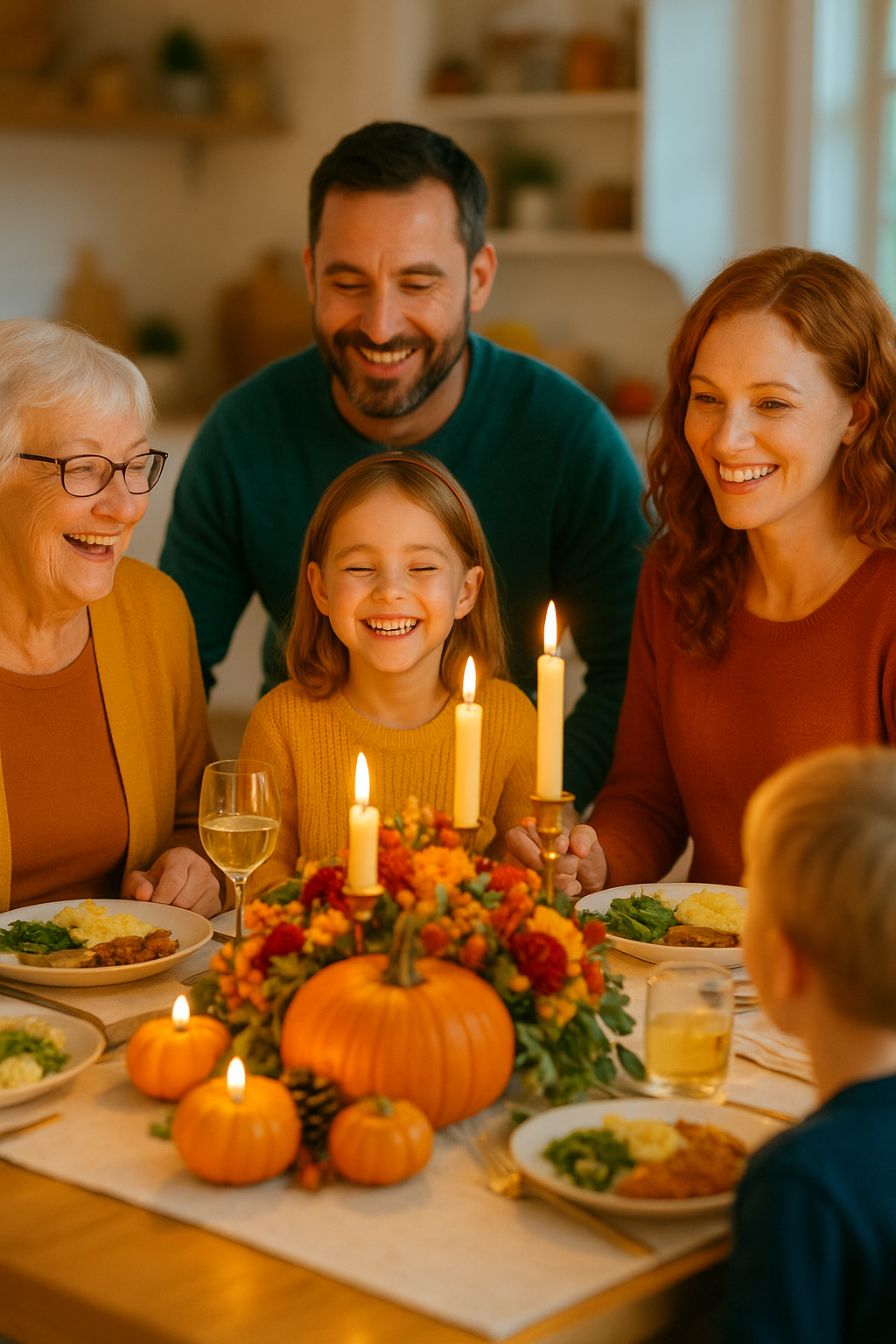 A joyful multigenerational family celebrating Thanksgiving around a brightly lit dinner table, with candles, colorful pumpkin centerpiece, and warm smiles shared between grandparents, parents, and children