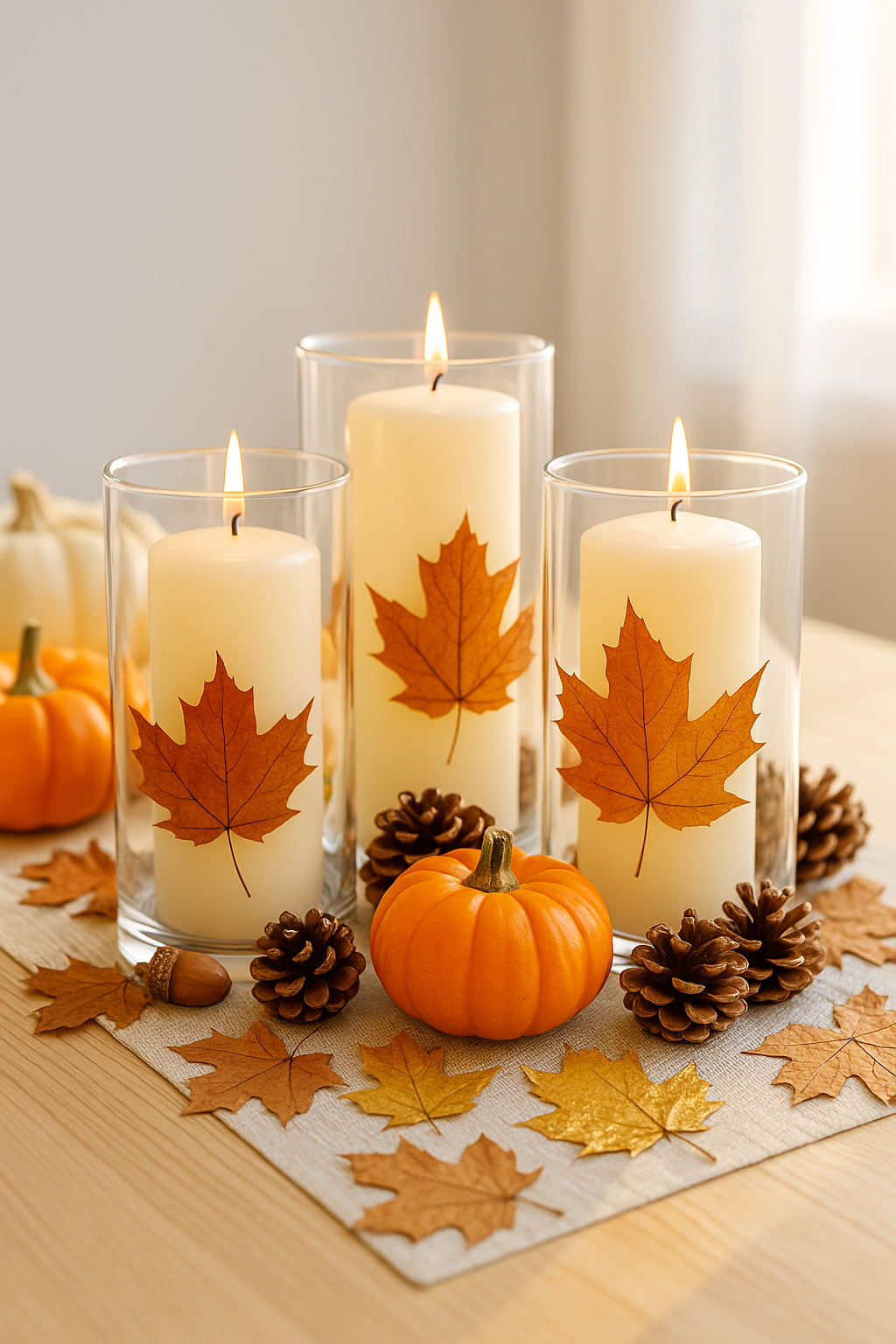 Three ivory candles in glass cylinders, each decorated with a pressed maple leaf, surrounded by pumpkins, pinecones, and scattered leaves on a light wooden table, all brightly lit by daylight from a nearby window.