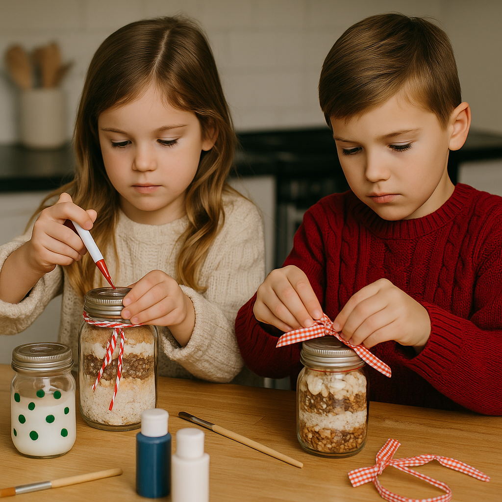 Children crafting and decorating mason jar gifts for the holidays