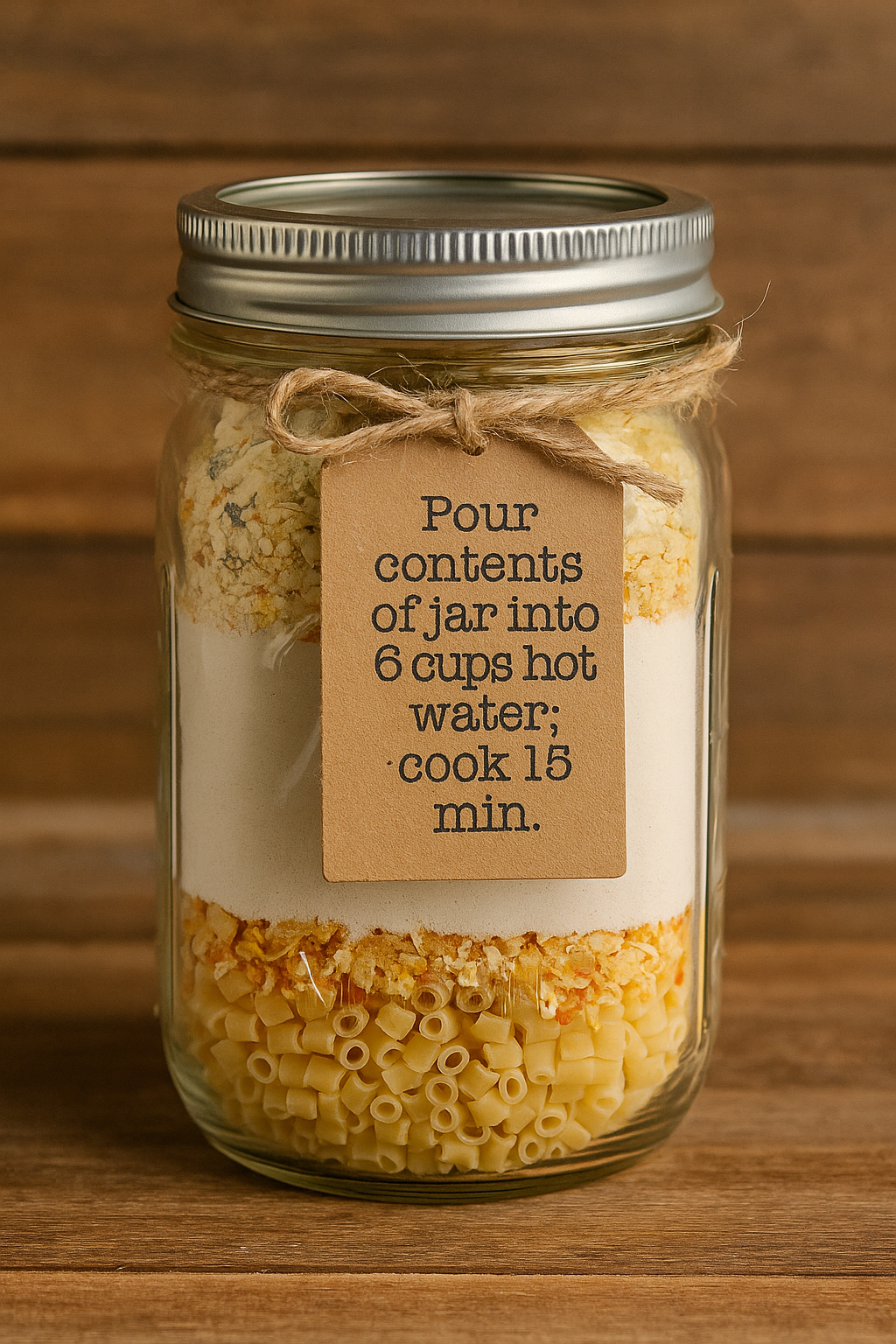 Creamy soup mix layered in a mason jar with cooking instructions tag