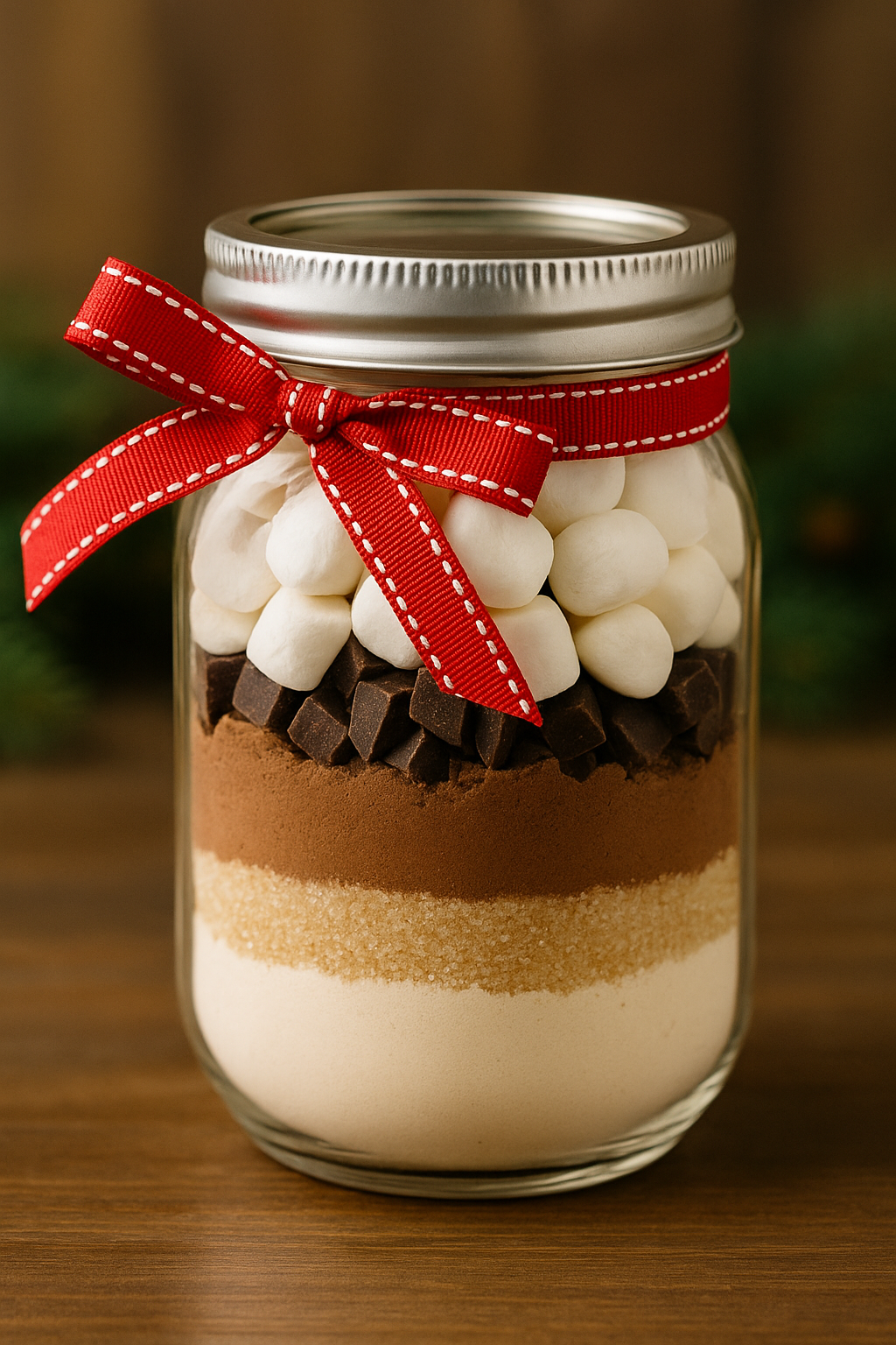 DIY hot cocoa mix in a mason jar with marshmallows and festive ribbon