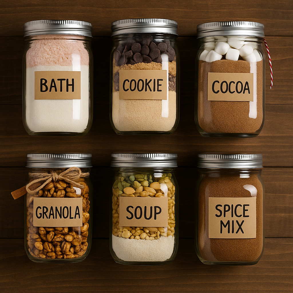 Flat lay of six mason jars filled with DIY mixes, including bath salts, cookie ingredients, cocoa mix with marshmallows, granola, soup mix with dried legumes and milk powder, and spice blend, each labeled with kraft pa