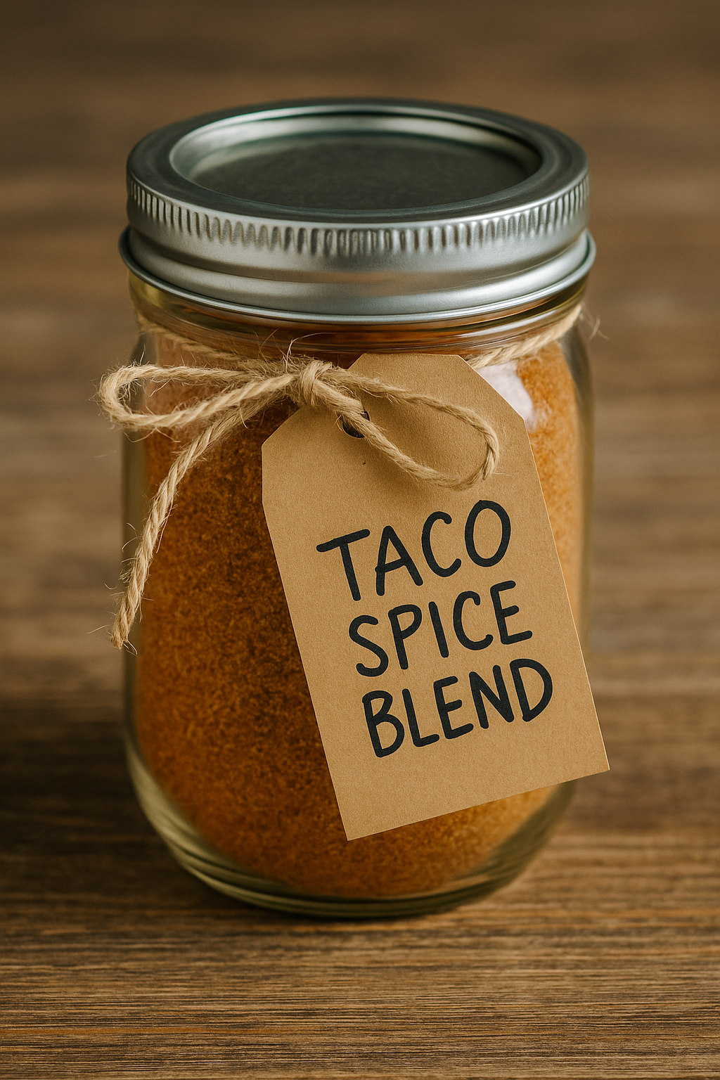 Glass mason jar filled with homemade taco spice blend, labeled with a kraft paper tag and tied with twine, set on a rustic wooden table.