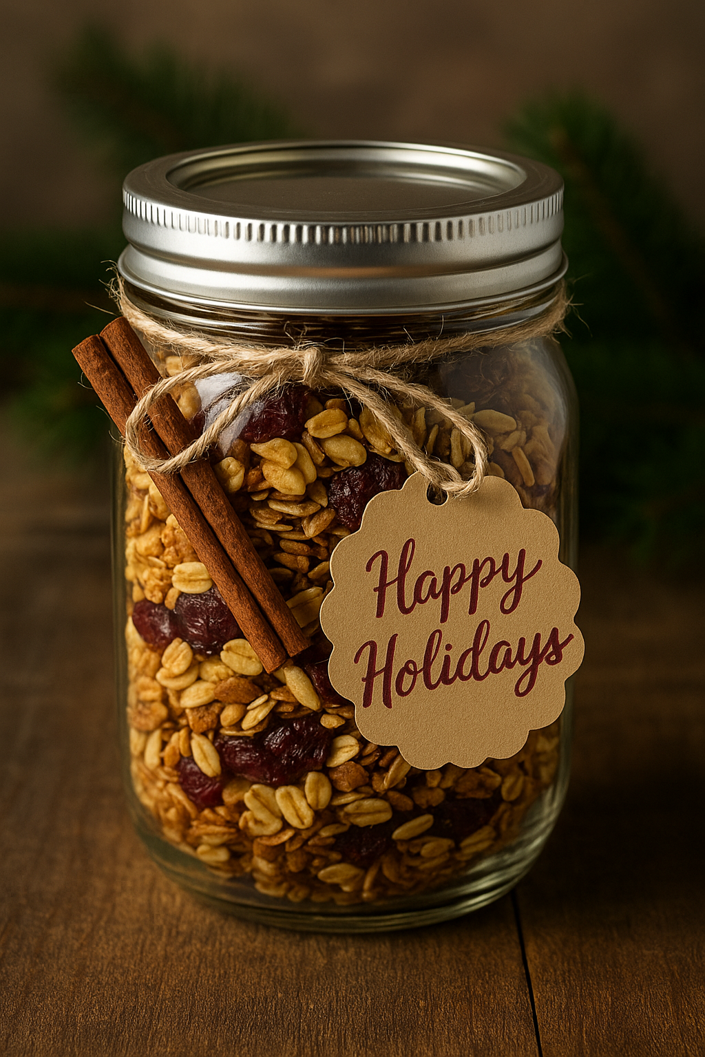Holiday granola in mason jar tied with cinnamon stick and holiday tag