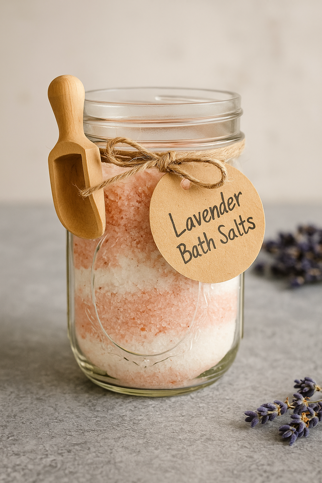 Homemade bath salts in a mason jar with lavender and essential oils