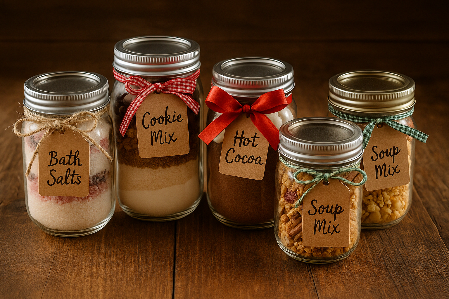 Homemade mason jar gift ideas with ribbon and hand-written tags displayed on a wooden table