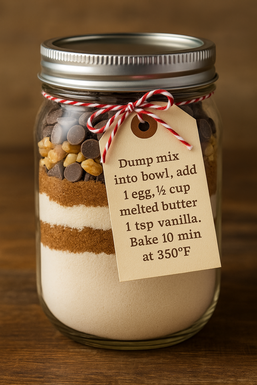 Layered chocolate chip cookie mix in a mason jar with recipe tag