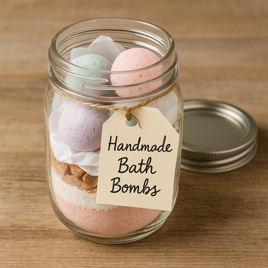 Mason jar filled with homemade bath bombs cushioned in tissue paper and labeled with a gift tag
