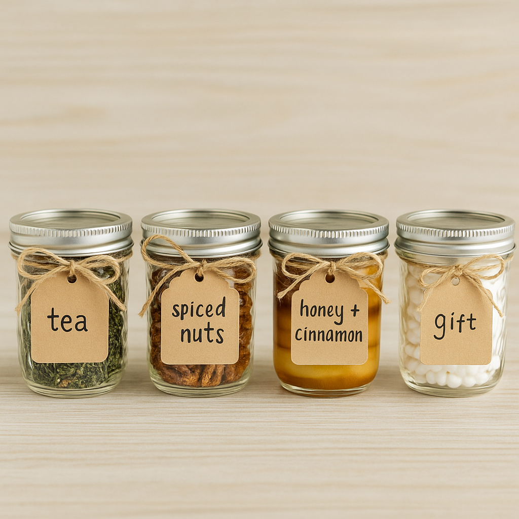 Miniature%20mason%20jar%20favors%20filled%20with%20sweet%20treats%20and%20labeled%20with%20gift%20tags Homemade Mason Jar Gift Ideas: Simple Jar Life