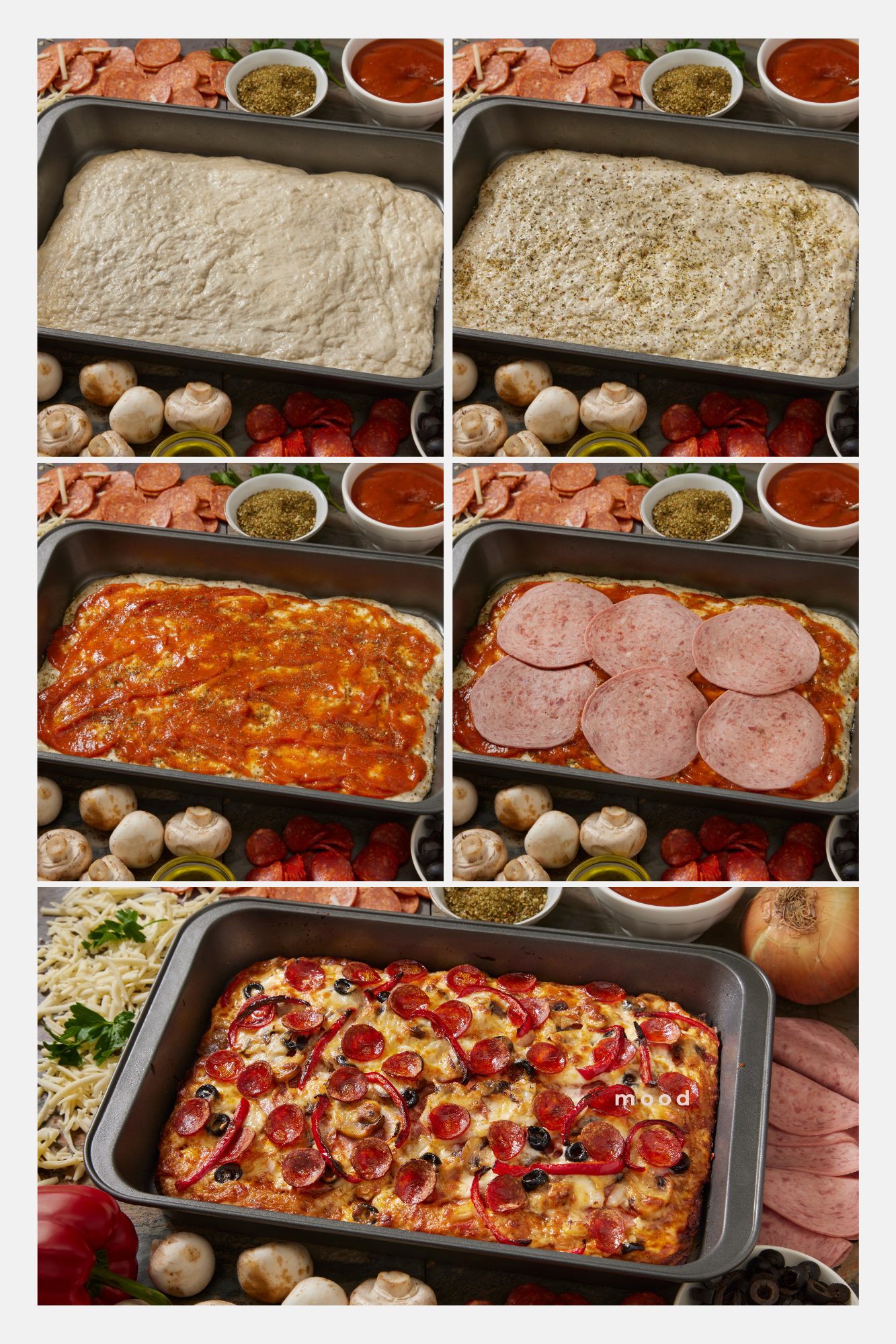  A step-by-step preparation of Detroit-style pizza in a rectangular pan, showing the layering of dough, sauce, cheese, and toppings like pepperoni and ham. Ingredients such as mushrooms, peppers, and cheese are arranged around the pan.