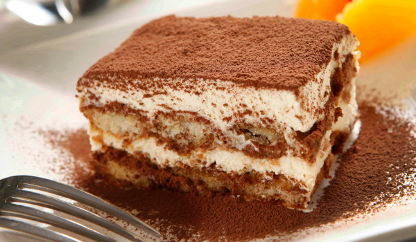 Classic italian dessert slice with cocoa powder topping on a white plate.