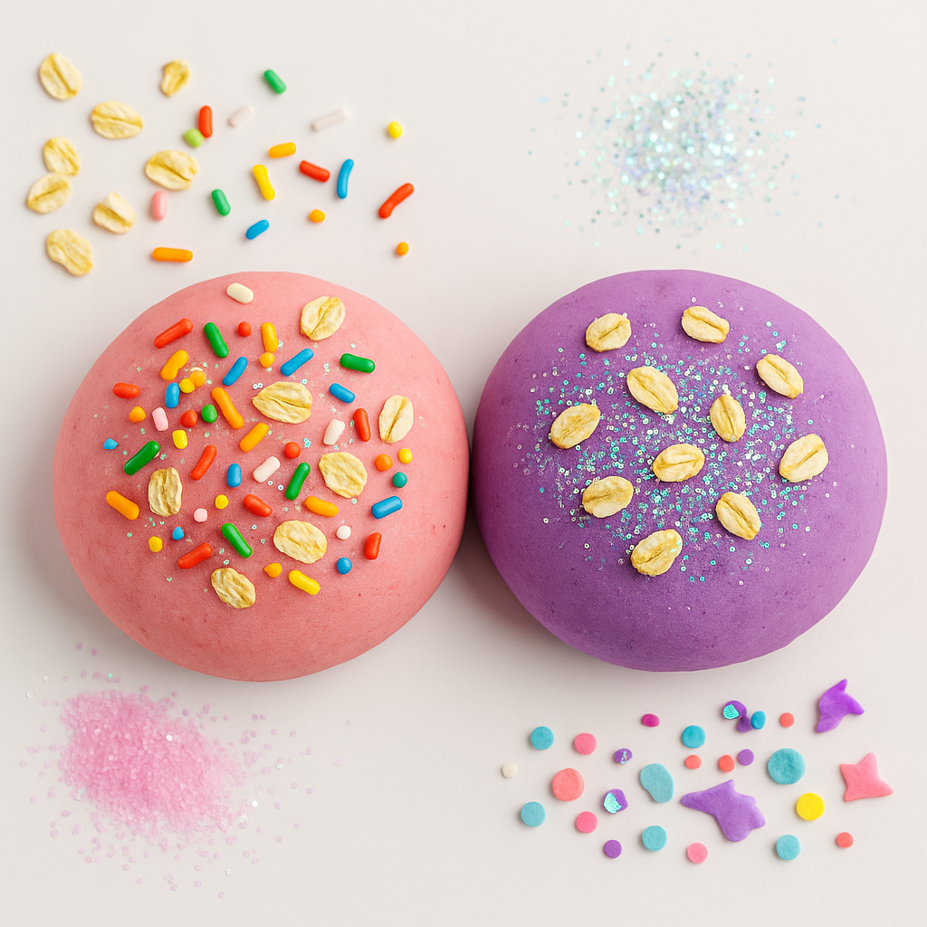 Edible play dough decorated with safe toppings like sprinkles and oats