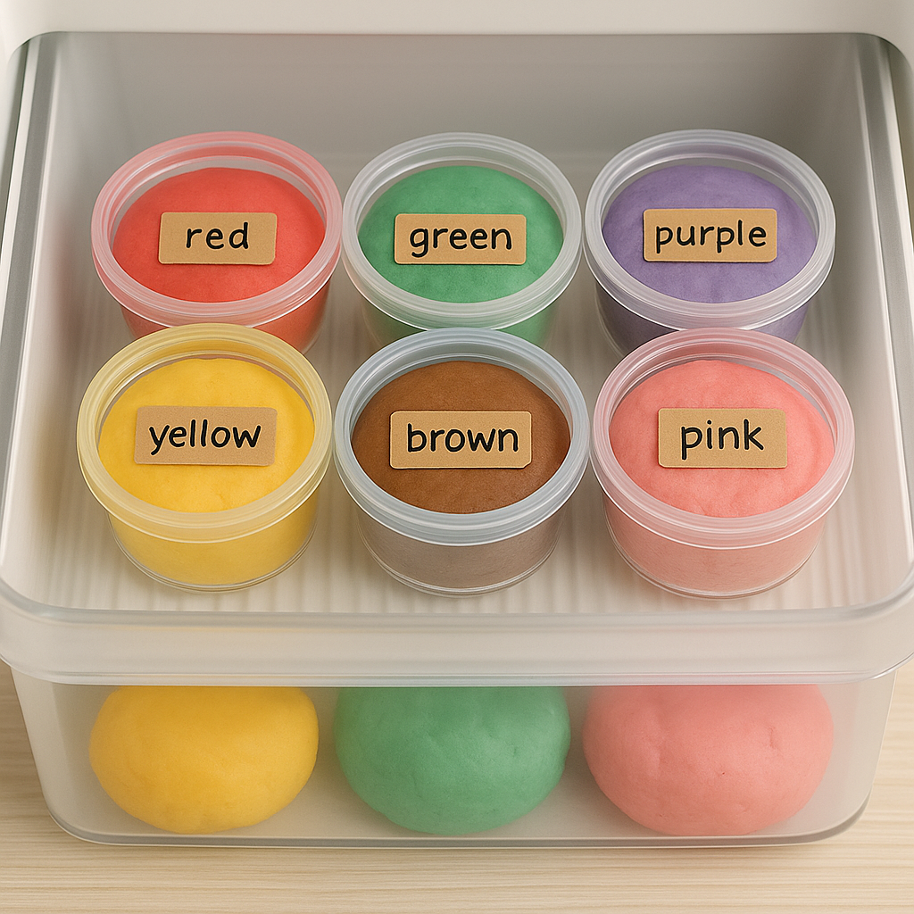 Edible play dough stored in labeled containers in the fridge for freshness